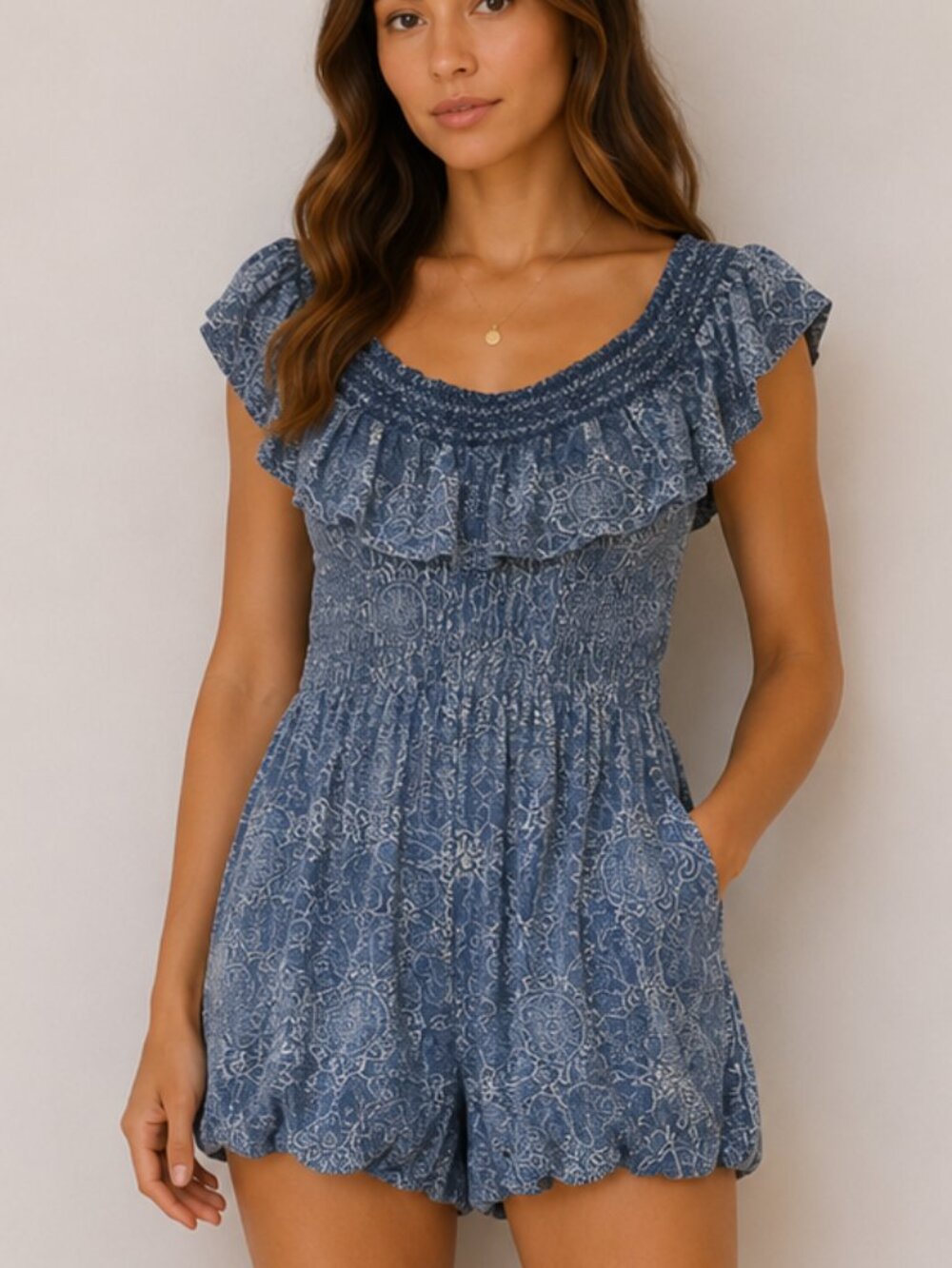 Torrid Blue Paisley Off Shoulder Smocked Romper Size 3